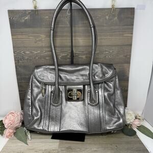 B Makowsky Silver Metallic Soft Leather Turnlock Foldover Zipper Satchel Bag